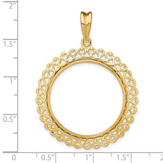 14k Yellow Gold Polished 27mm Heart Filigree Prong Coin Bezel Pendant - Fits 1/2 oz American Eagle, US $10 Liberty, and Other Coins