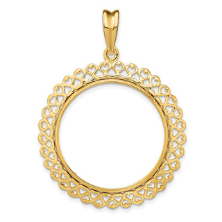 14k Yellow Gold Polished 27mm Heart Filigree Prong Coin Bezel Pendant - Fits 1/2 oz American Eagle, US $10 Liberty, and Other Coins