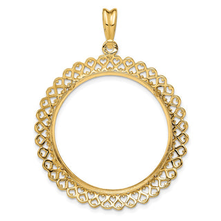 14k Yellow Gold Polished 30mm Heart Filigree Prong Coin Bezel Pendant - Fits 1 oz Maple Leaf and 1/2 oz Cat