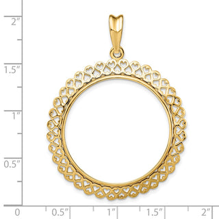 14k Yellow Gold Polished 30mm Heart Filigree Prong Coin Bezel Pendant - Fits 1 oz Maple Leaf and 1/2 oz Cat