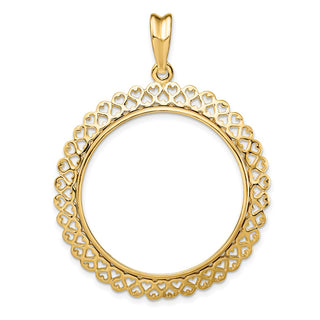 14k Yellow Gold Polished 30mm Heart Filigree Prong Coin Bezel Pendant - Fits 1 oz Maple Leaf and 1/2 oz Cat