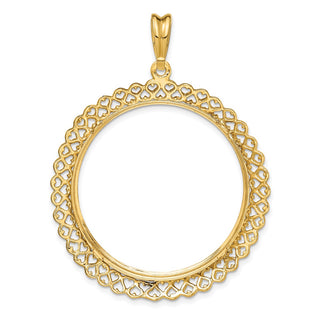 14k Yellow Gold Polished 32.7mm Heart Filigree Prong Coin Bezel Pendant - Fits 1 oz American Eagle, 1 oz Cat, and 1 oz Krugerrand