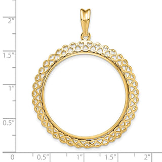 14k Yellow Gold Polished 32.7mm Heart Filigree Prong Coin Bezel Pendant - Fits 1 oz American Eagle, 1 oz Cat, and 1 oz Krugerrand