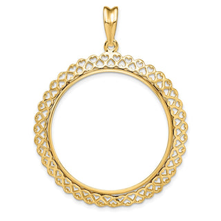 14k Yellow Gold Polished 32.7mm Heart Filigree Prong Coin Bezel Pendant - Fits 1 oz American Eagle, 1 oz Cat, and 1 oz Krugerrand