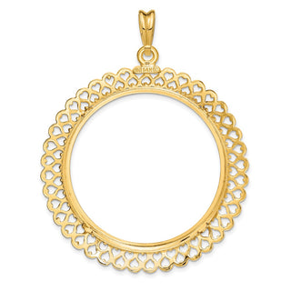 14k Yellow Gold Polished 37mm Heart Filigree Prong Coin Bezel Pendant - Fits 50 Pesos and Centenario