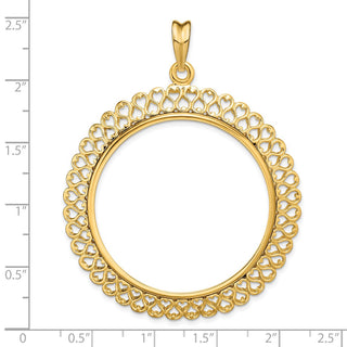 14k Yellow Gold Polished 37mm Heart Filigree Prong Coin Bezel Pendant - Fits 50 Pesos and Centenario
