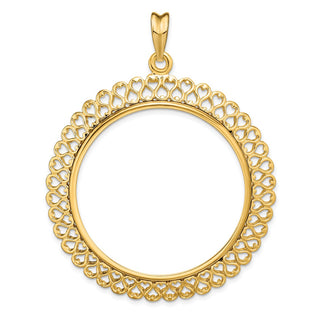 14k Yellow Gold Polished 37mm Heart Filigree Prong Coin Bezel Pendant - Fits 50 Pesos and Centenario