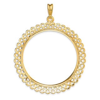 14k Yellow Gold Polished 39.5mm Heart Filigree Prong Coin Bezel Pendant - Fits 4 Ducat