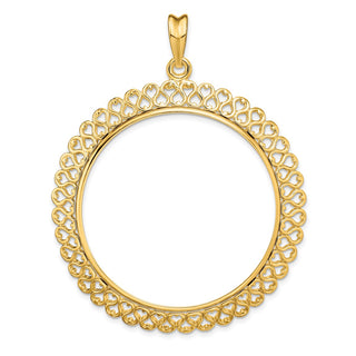 14k Yellow Gold Polished 39.5mm Heart Filigree Prong Coin Bezel Pendant - Fits 4 Ducat