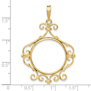 14k Yellow Gold Polished 21.6mm English Scroll Prong Coin Bezel Pendant - Fits US $5 Bald Eagle and US $5 Congressional