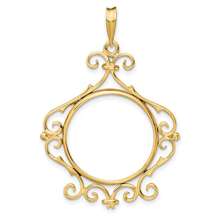 14k Yellow Gold Polished 21.6mm English Scroll Prong Coin Bezel Pendant - Fits US $5 Bald Eagle and US $5 Congressional