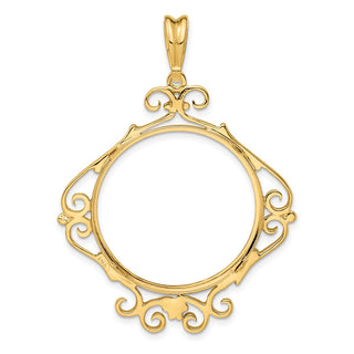 14k Yellow Gold Polished 27mm English Scroll Prong Coin Bezel Pendant - Fits 1/2 oz American Eagle, US $10 Liberty, and Other Coins