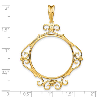 14k Yellow Gold Polished 27mm English Scroll Prong Coin Bezel Pendant - Fits 1/2 oz American Eagle, US $10 Liberty, and Other Coins