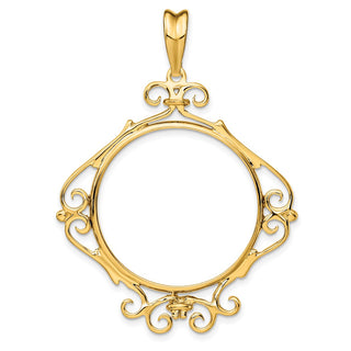 14k Yellow Gold Polished 27mm English Scroll Prong Coin Bezel Pendant - Fits 1/2 oz American Eagle, US $10 Liberty, and Other Coins