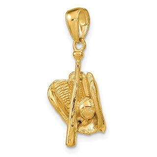 14k Yellow Gold Polished 3-D Glove/Bat/Baseball Pendant C2656