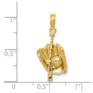 14k Yellow Gold Polished 3-D Glove/Bat/Baseball Pendant C2656