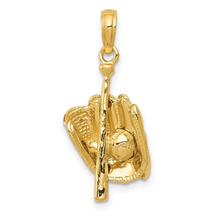 14k Yellow Gold Polished 3-D Glove/Bat/Baseball Pendant C2656