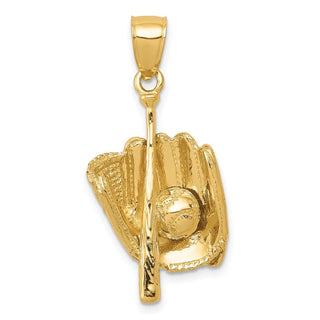 14k Yellow Gold Polished 3-D Glove/Bat/Baseball Pendant C2657