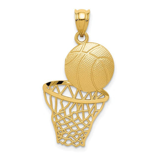 14k Yellow Gold Satin Diamond-cut Basketball and Net Pendant
