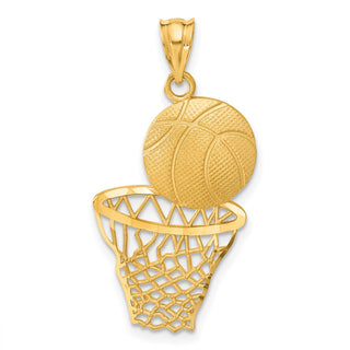 14k Yellow Gold Satin Diamond-cut Basketball and Net Pendant