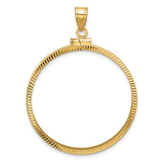 14k Yellow Gold Polished and Diamond-cut 32.7mm x 3.00mm Screw Top Coin Bezel Pendant - Fits 1 oz American Eagle, 1 oz Cat, and 1 oz Krugerrand