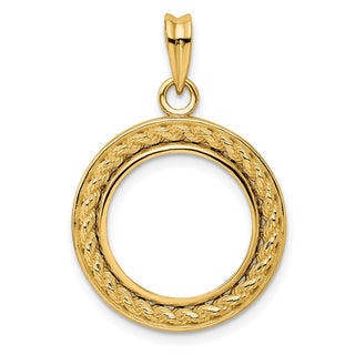 14k Yellow Gold 2mm Rope w/ Bright Edge 16mm Prong Coin Bezel Pendant - Fits 1/10 oz Maple Leaf, Maple Leaf, and Other Coins