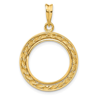 14k Yellow Gold 2mm Rope w/ Bright Edge 16.5mm Prong Coin Bezel Pendant - Fits 1/10 oz American Eagle and 1/10 oz Krugerrand