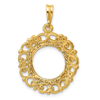 14k Yellow Gold Polished Textured and Diamond-cut Victorian-Style 13.0mm Prong Coin Bezel Pendant - Fits 2 Pesos