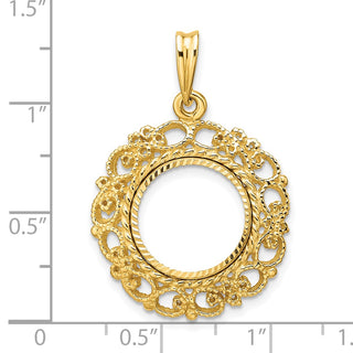 14k Yellow Gold Polished Textured and Diamond-cut Victorian-Style 13.0mm Prong Coin Bezel Pendant - Fits 2 Pesos