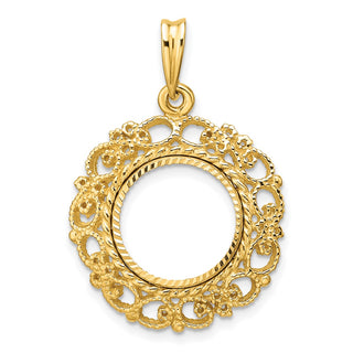 14k Yellow Gold Polished Textured and Diamond-cut Victorian-Style 13.0mm Prong Coin Bezel Pendant - Fits 2 Pesos