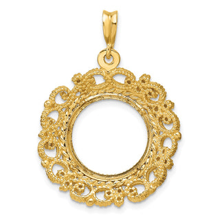 14k Yellow Gold Polished Textured and Diamond-cut Victorian-Style 15.0mm Prong Coin Bezel Pendant - Fits US $1 Type 2
