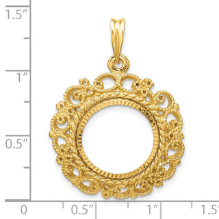 14k Yellow Gold Polished Textured and Diamond-cut Victorian-Style 15.0mm Prong Coin Bezel Pendant - Fits US $1 Type 2