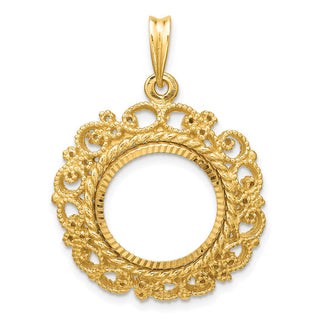 14k Yellow Gold Polished Textured and Diamond-cut Victorian-Style 15.0mm Prong Coin Bezel Pendant - Fits US $1 Type 2