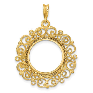 14k Yellow Gold Polished Textured and Diamond-cut Victorian-Style 16.0mm Prong Coin Bezel Pendant - Fits Maple Leaf