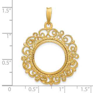 14k Yellow Gold Polished Textured and Diamond-cut Victorian-Style 16.0mm Prong Coin Bezel Pendant - Fits Maple Leaf
