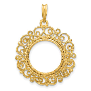 14k Yellow Gold Polished Textured and Diamond-cut Victorian-Style 16.0mm Prong Coin Bezel Pendant - Fits Maple Leaf