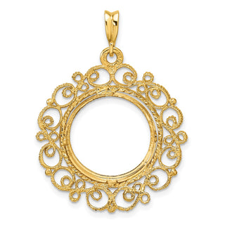 14k Yellow Gold Polished Textured and Diamond-cut Victorian-Style 16.5mm Prong Coin Bezel Pendant - Fits 1/10 oz American Eagle and 1/10 oz Krugerrand