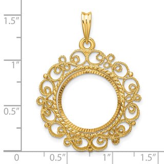14k Yellow Gold Polished Textured and Diamond-cut Victorian-Style 16.5mm Prong Coin Bezel Pendant - Fits 1/10 oz American Eagle and 1/10 oz Krugerrand