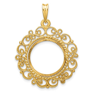 14k Yellow Gold Polished Textured and Diamond-cut Victorian-Style 16.5mm Prong Coin Bezel Pendant - Fits 1/10 oz American Eagle and 1/10 oz Krugerrand