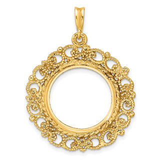 14k Yellow Gold Polished Textured and Diamond-cut Victorian-Style 17.8mm Prong Coin Bezel Pendant - Fits US $2.50 Liberty and Other Coins
