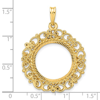 14k Yellow Gold Polished Textured and Diamond-cut Victorian-Style 17.8mm Prong Coin Bezel Pendant - Fits US $2.50 Liberty and Other Coins
