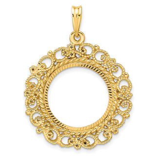 14k Yellow Gold Polished Textured and Diamond-cut Victorian-Style 17.8mm Prong Coin Bezel Pendant - Fits US $2.50 Liberty and Other Coins
