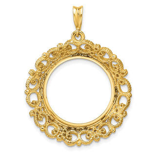 14k Yellow Gold Polished Textured and Diamond-cut Victorian-Style 19.5mm Prong Coin Bezel Pendant - Fits 1 Rand, 10 Mark Friedrich, Half Sovereign, and Other Coins