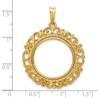 14k Yellow Gold Polished Textured and Diamond-cut Victorian-Style 19.5mm Prong Coin Bezel Pendant - Fits 1 Rand, 10 Mark Friedrich, Half Sovereign, and Other Coins