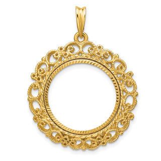 14k Yellow Gold Polished Textured and Diamond-cut Victorian-Style 19.5mm Prong Coin Bezel Pendant - Fits 1 Rand, 10 Mark Friedrich, Half Sovereign, and Other Coins