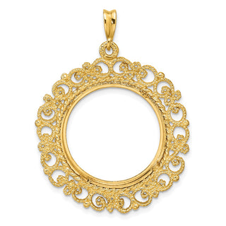 14k Yellow Gold Polished Textured and Diamond-cut Victorian-Style 21.6mm Prong Coin Bezel Pendant - Fits US $5 Bald Eagle, US $5 Congressional, US $5 Liberty, and Other Coins