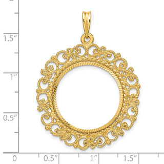 14k Yellow Gold Polished Textured and Diamond-cut Victorian-Style 21.6mm Prong Coin Bezel Pendant - Fits US $5 Bald Eagle, US $5 Congressional, US $5 Liberty, and Other Coins