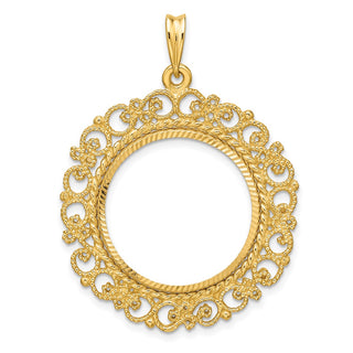 14k Yellow Gold Polished Textured and Diamond-cut Victorian-Style 21.6mm Prong Coin Bezel Pendant - Fits US $5 Bald Eagle, US $5 Congressional, US $5 Liberty, and Other Coins