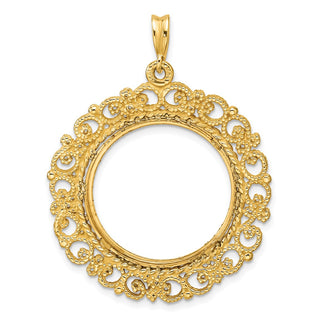 14k Yellow Gold Polished Textured and Diamond-cut Victorian-Style 22.0mm Prong Coin Bezel Pendant - Fits 1/4 oz American Eagle and Other Coins