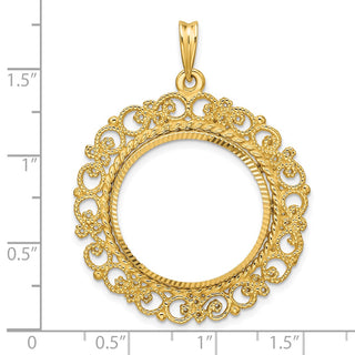 14k Yellow Gold Polished Textured and Diamond-cut Victorian-Style 22.0mm Prong Coin Bezel Pendant - Fits 1/4 oz American Eagle and Other Coins